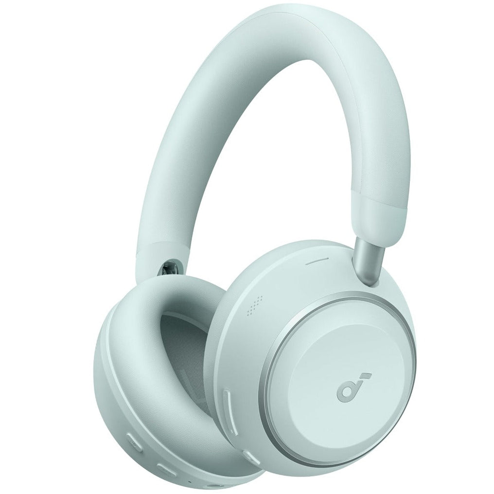 Seafoam green Soundcore Space 2 wireless headphones with ear cups and headband, showcasing sleek design and comfortable fit.