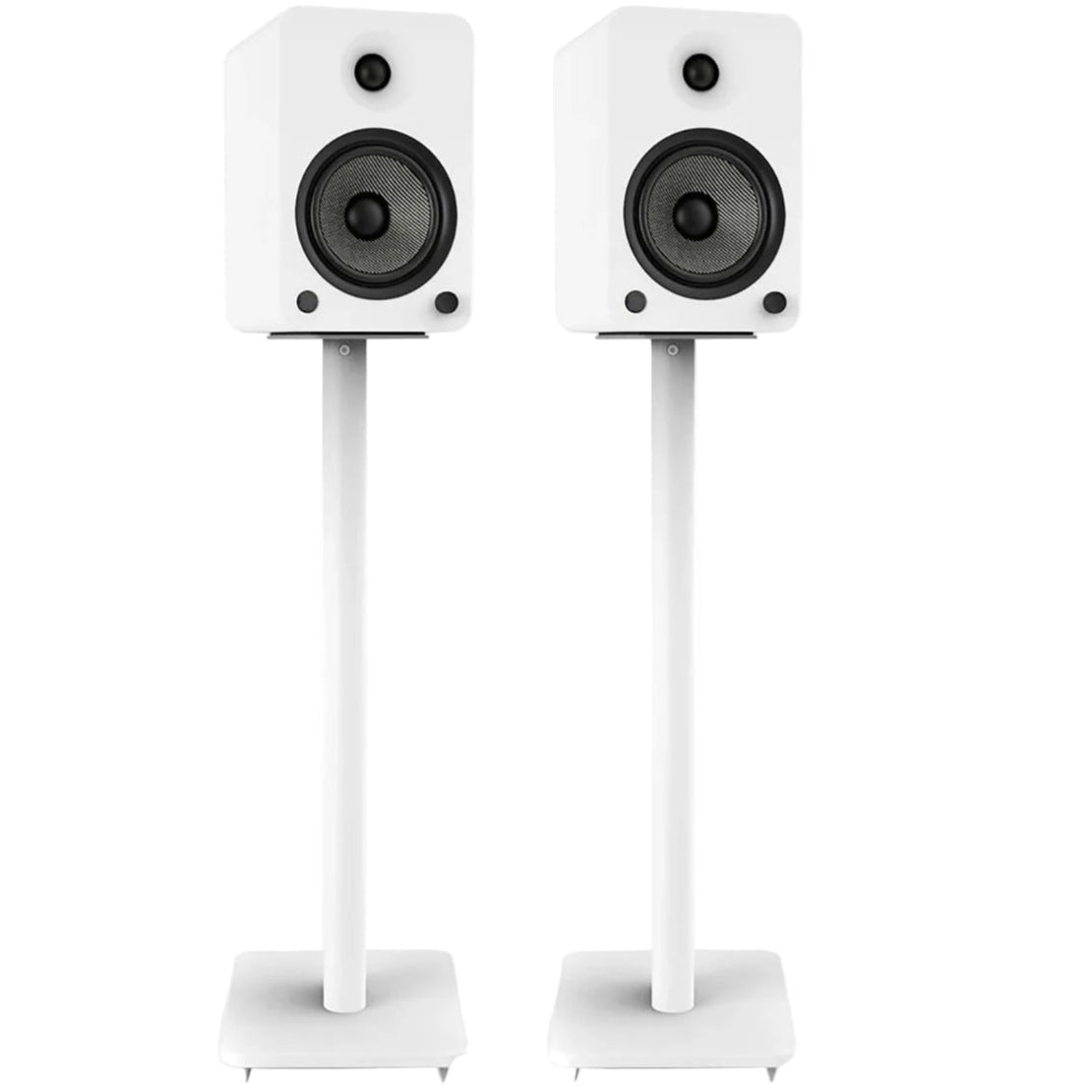 Kanto Audio SP26 26-inch speaker stands showing sleek black metal design and adjustable height for audio setup.