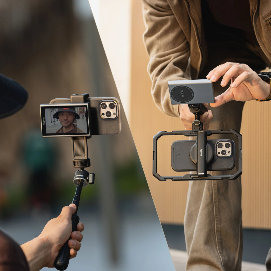 SmallRig Wireless Video Monitor for Phone Vlog Kit showing the compact monitor with mounting accessories and phone attached for vlogging.