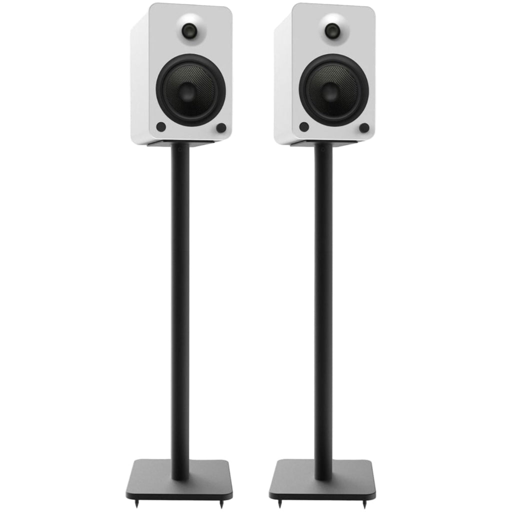 Kanto Audio SP32 32-inch speaker stands supporting audio speakers for optimal sound placement.