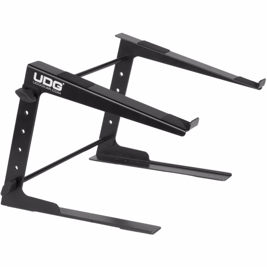 UDG Ultimate Laptop Stand in black, sturdy design with adjustable height for ergonomic workspace setup.