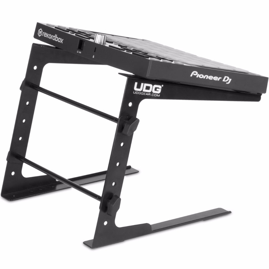 UDG Ultimate Laptop Stand in black, adjustable ergonomic design with vented surface for improved airflow and stability.