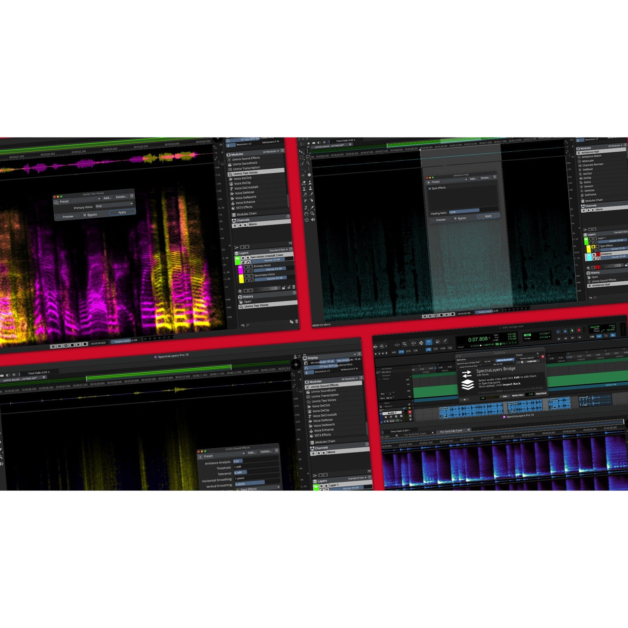 Steinberg SpectraLayers Pro 13 spectral audio editor interface collage showing unmixing and voice repair tools.