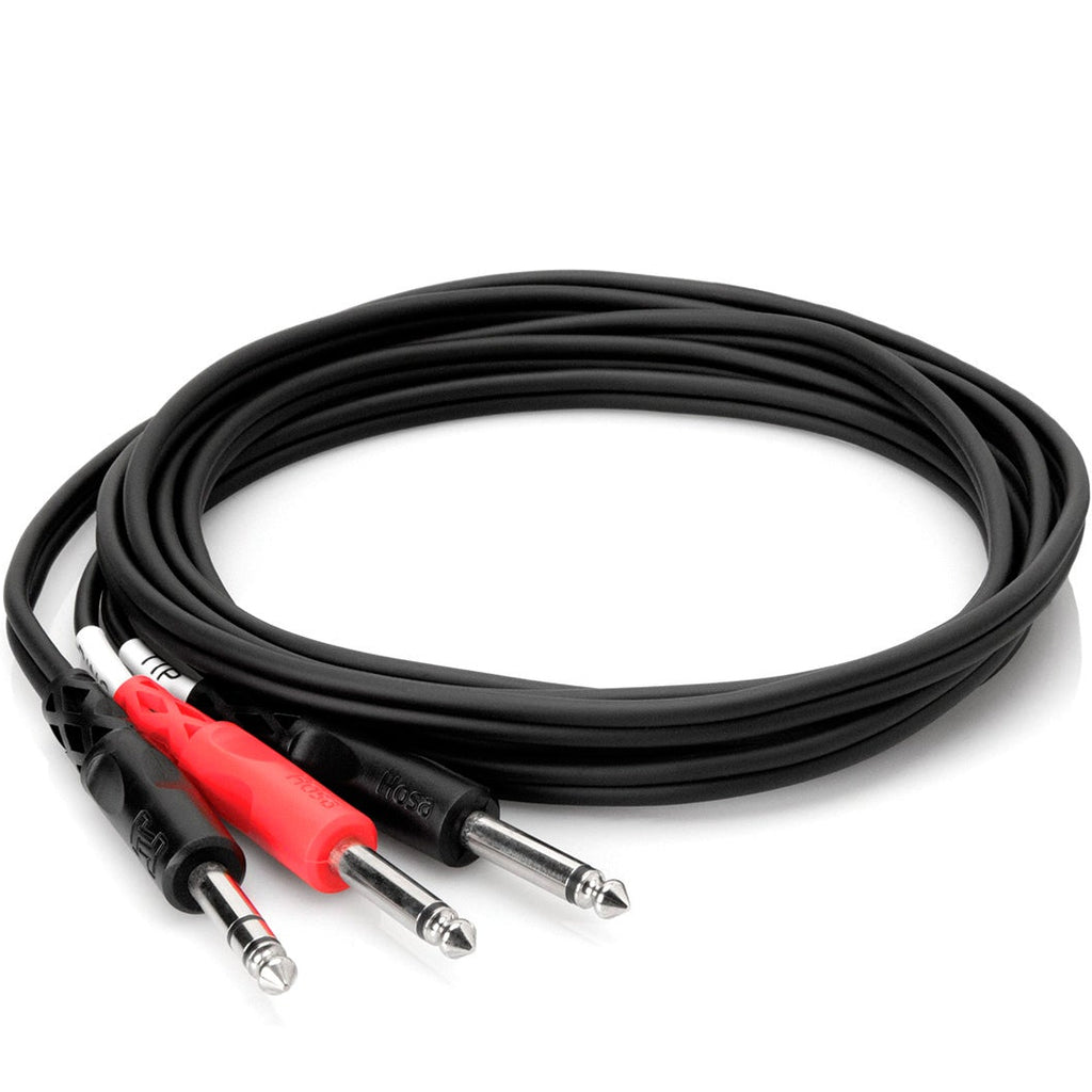 Hosa STP-202 dual 6.3mm TS to TRS Y-cable, 2m length, coiled RGB cable for audio connections
