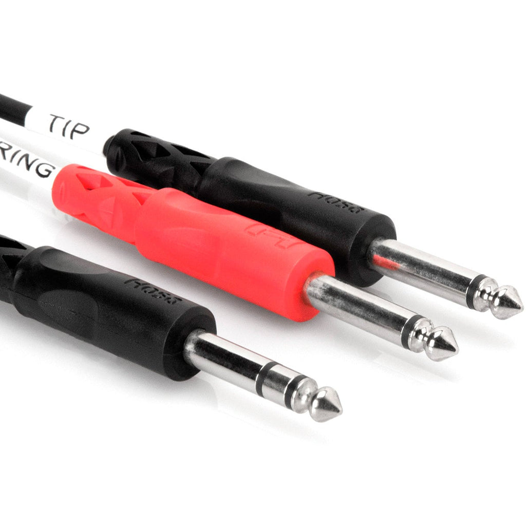 Hosa STP-202 dual 6.3mm TS to TRS Y-cable, 2-meter length, with red and blue connectors for audio signal splitting.