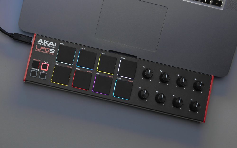 Akai Professional LPD8 MK2 MIDI controller with compact, sturdy design featuring eight drum pads and control knobs.