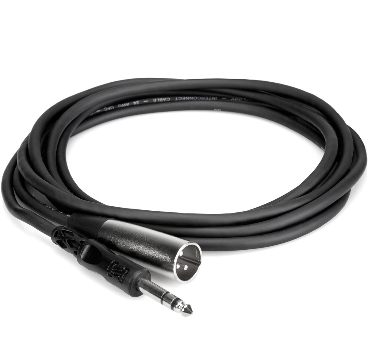 Hosa STX-110M 6.3mm TRS to XLR male audio cable coiled, 3 meters long, with black connectors and metal ends.
