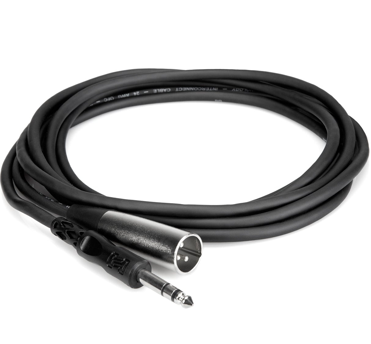 Hosa STX-105M 6.3mm TRS to XLR-Male audio cable, 1.5 meters, coiled with colorful RGB background.