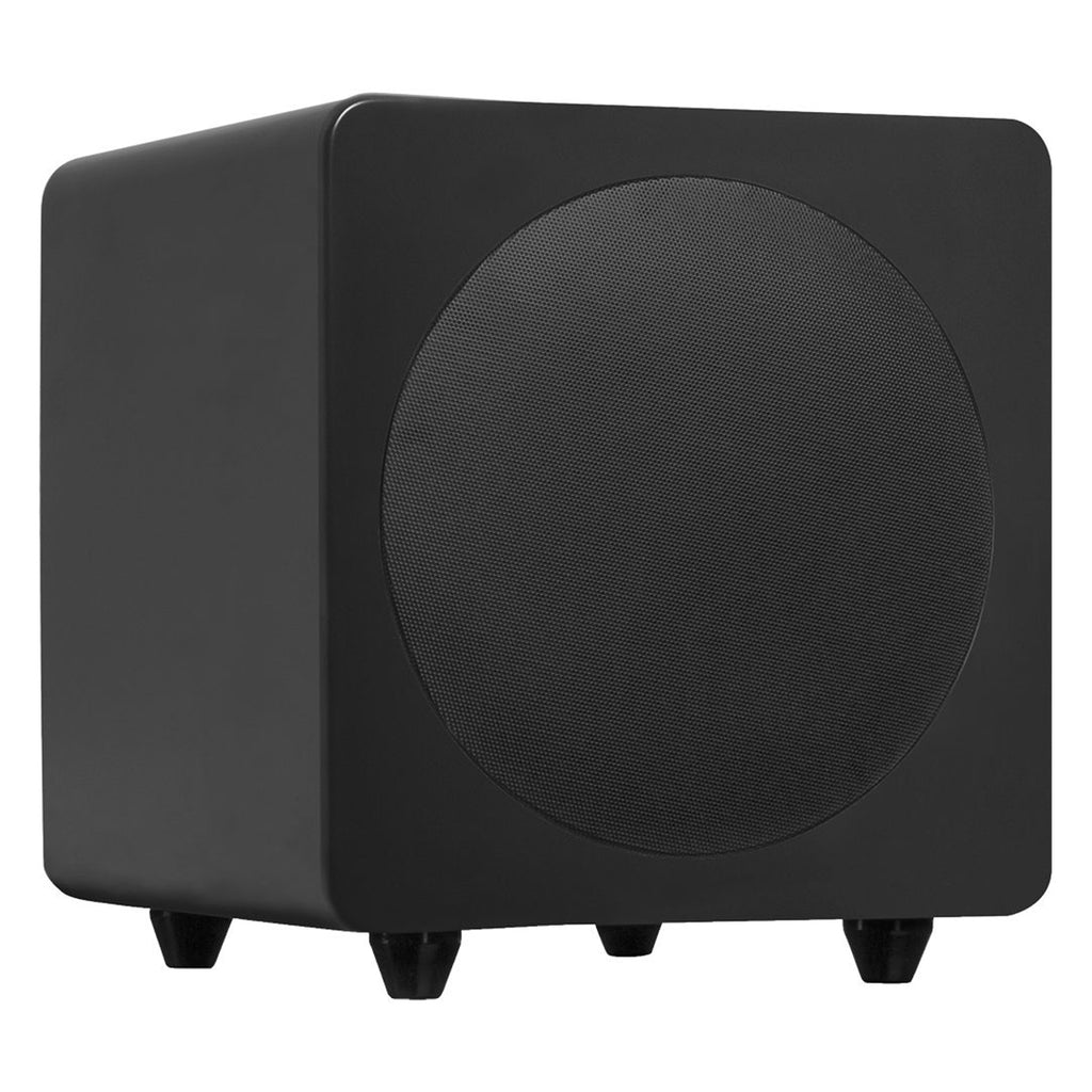 Kanto Audio SUB8V subwoofer showing the sleek black enclosure and front grille with control knob, designed for deep bass sound.