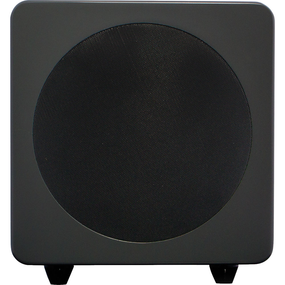 Kanto Audio SUB8V subwoofer with black enclosure and control knob, designed for deep bass and home audio systems.