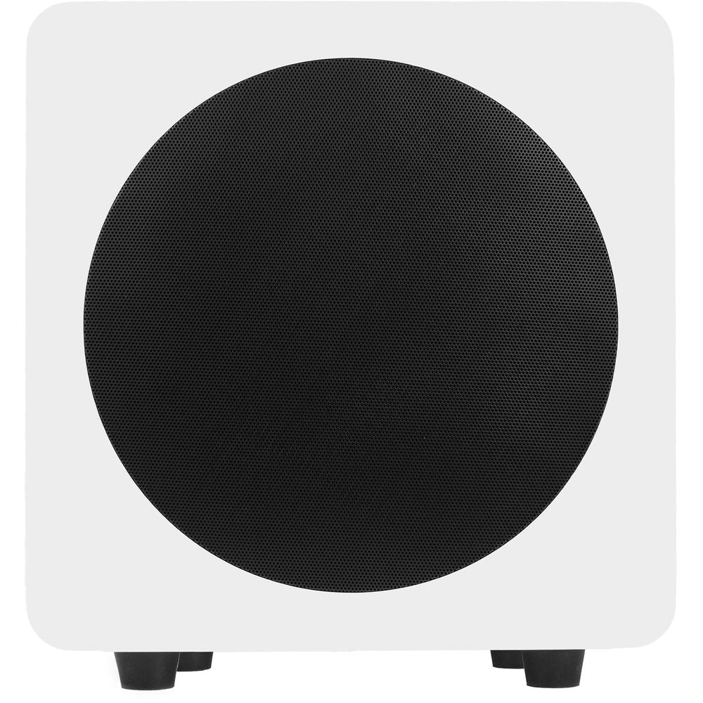 Kanto Audio SUB8V white subwoofer with sleek design and control panel, ideal for enhancing home theater or audio systems