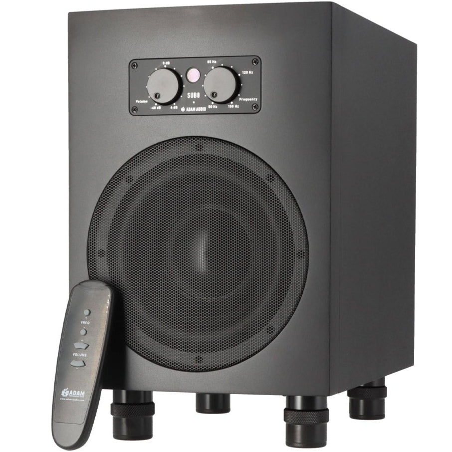 Adam Audio Sub8 subwoofer with 8-inch driver and 160W RMS amplifier, showcasing the sleek black speaker with control panel.