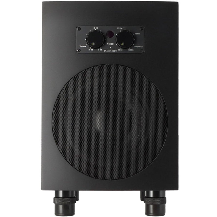 Adam Audio Sub8 subwoofer with 8-inch driver and 160W RMS amplifier, shown in a sleek black design for professional audio use.