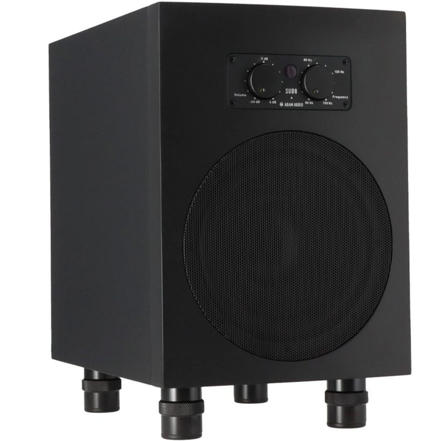Adam Audio Sub8 subwoofer with 8-inch driver and 160W RMS amplifier, showcasing the compact black subwoofer with control panel.