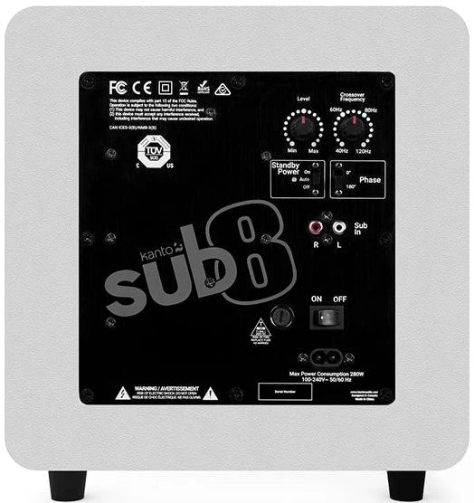 Kanto Audio SUB8V subwoofer with rear connection panel showing input and volume controls, black finish, compact design.