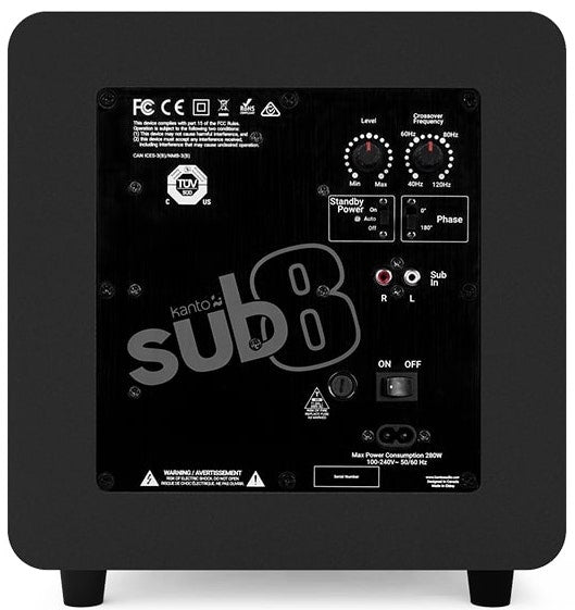 Rear view of Kanto Audio SUB8V subwoofer showing connections and port details.