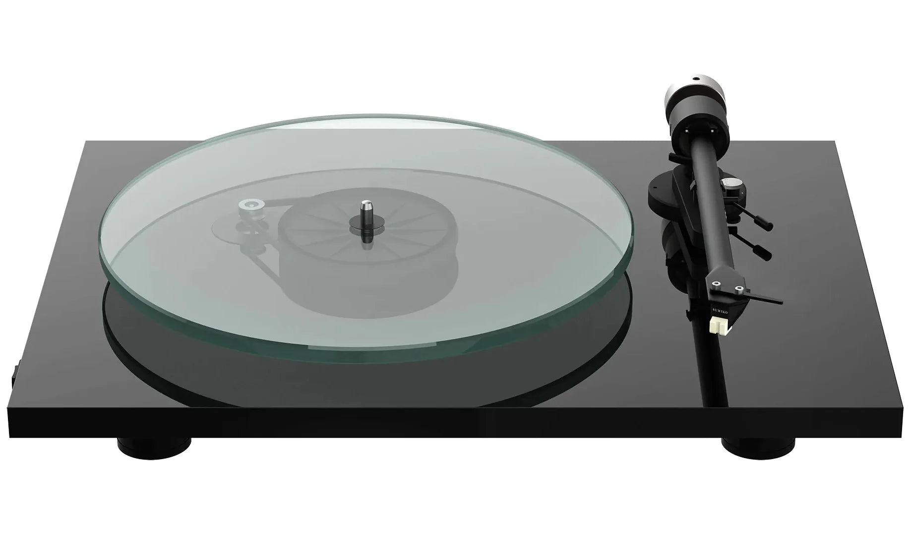 Pro-Ject T2 Super Phono turntable in glossy black with sleek design and tonearm visible, ideal for high-quality vinyl playback.