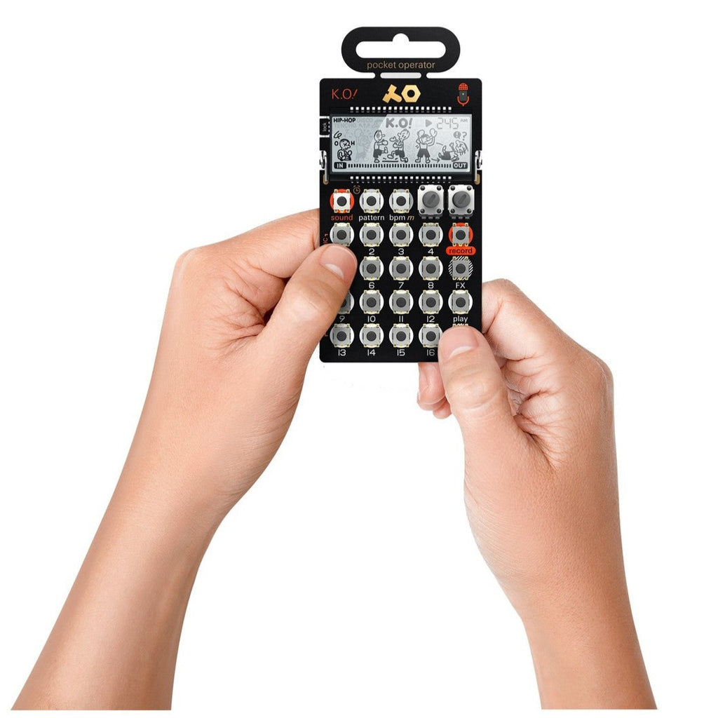 Teenage Engineering PO-33 K.O! drum machine and sampler with colorful interface, buttons, and compact design for music production.