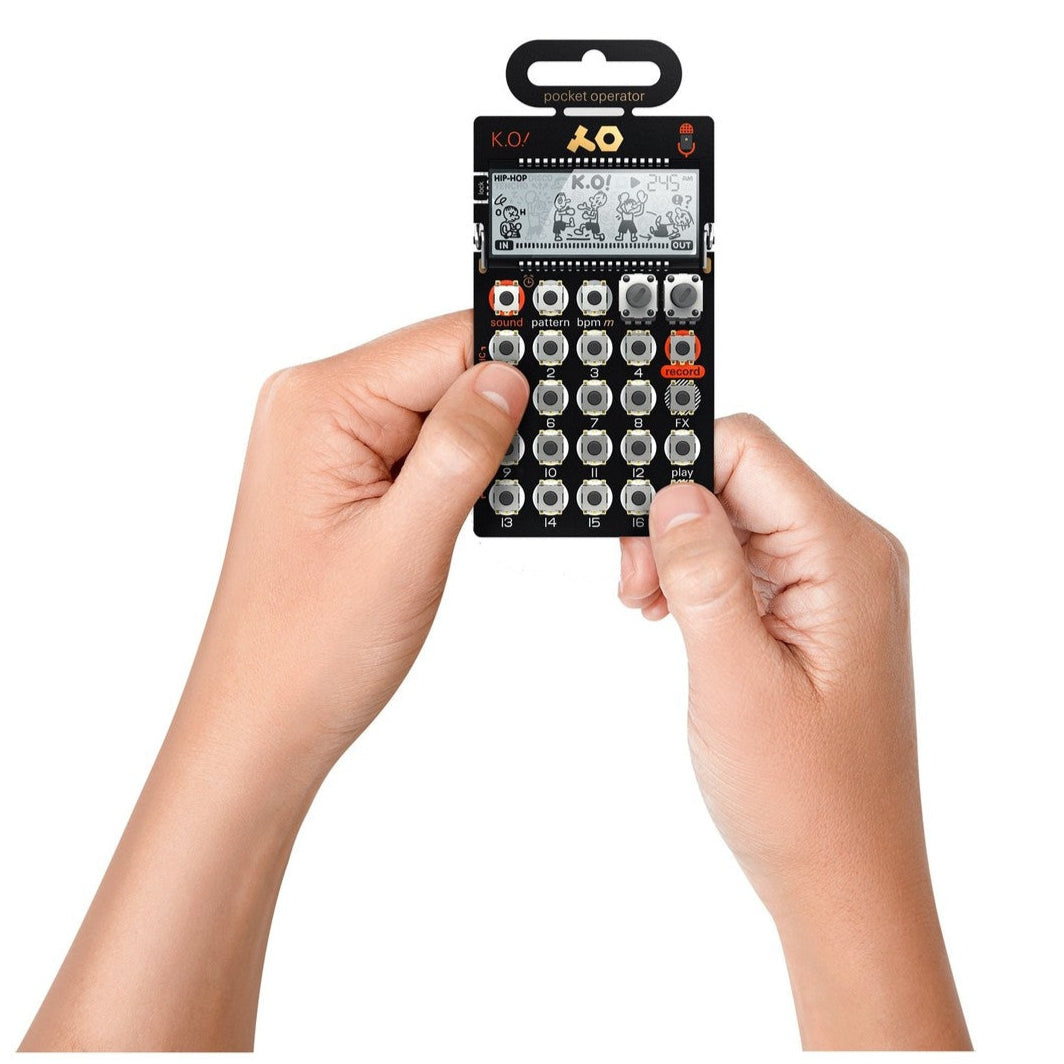 Teenage Engineering PO-33 K.O! drum machine and sampler with colorful interface, buttons, and compact design for music production.