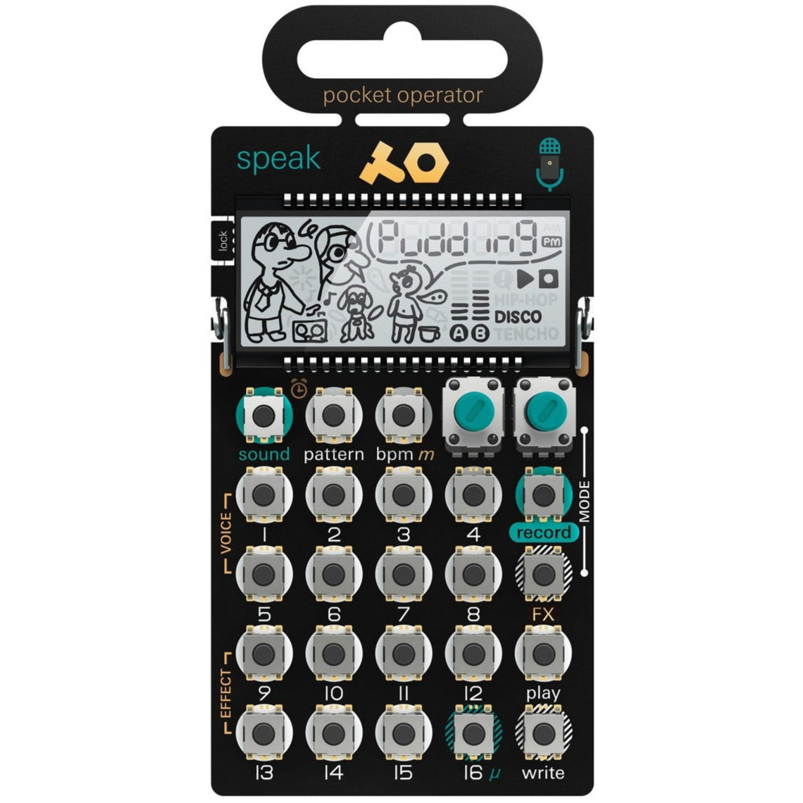Teenage Engineering PO-35 Speak handheld music gadget with colorful interface and buttons, designed for portable sound creation.