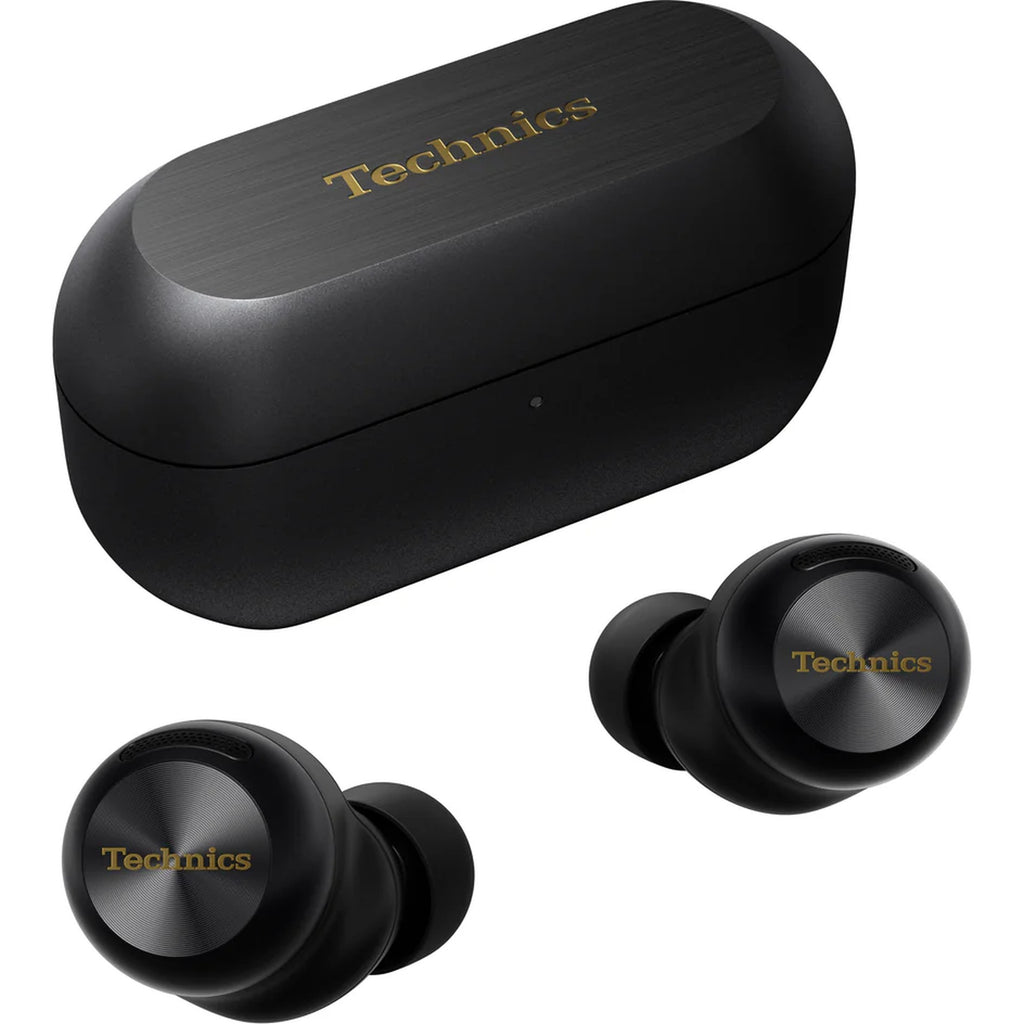 Wireless in-ear headphones by Technics, model EAH-AZ100, with sleek design and in-ear earbuds visible in the image.
