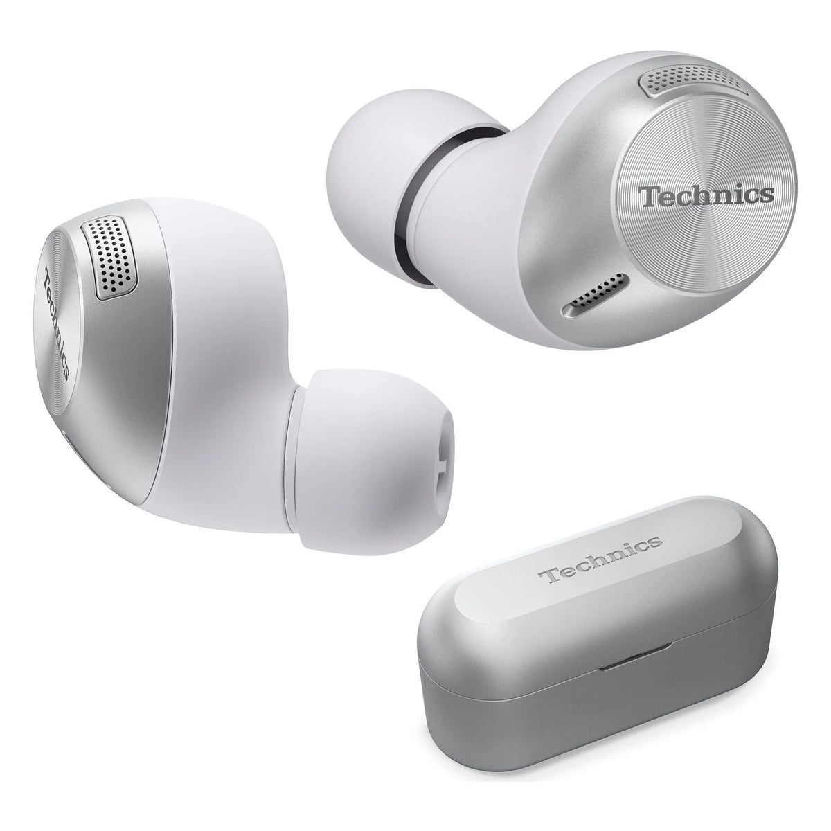 Technics EAH-AZ40M2 wireless in-ear headphones with sleek black earbuds and compact charging case on a white background.