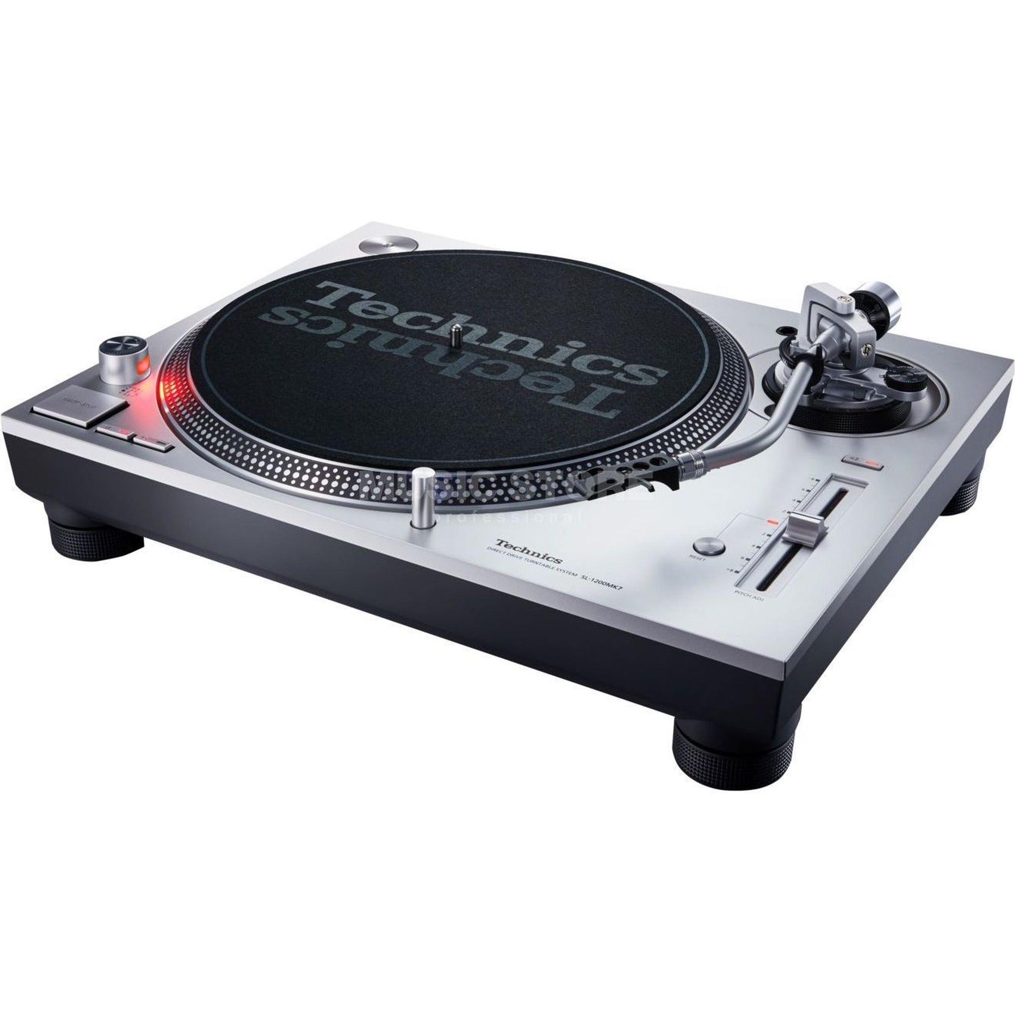 Technics SL-1200 MK7 DJ turntable with pitch control, tonearm, and sturdy platter for professional DJ setups.
