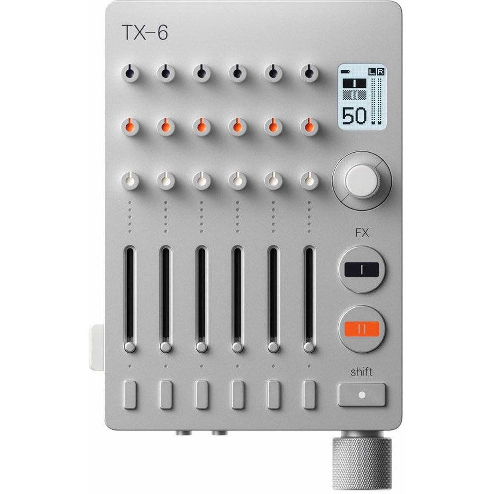Teenage Engineering TX–6 portable mixer with multiple input channels and colorful controls, designed for music and audio production.
