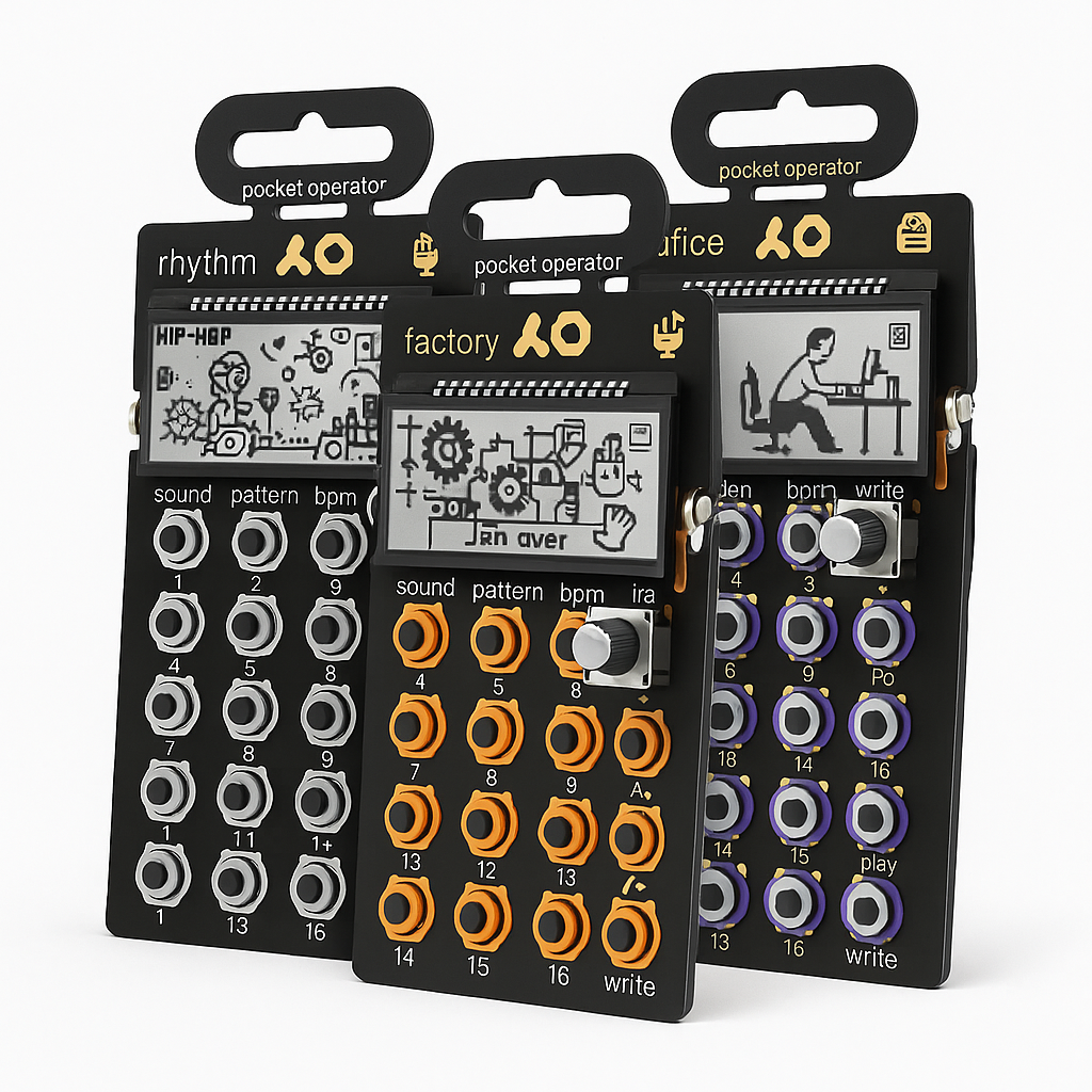 Soundium x Teenage Engineering Pocket Operators bundle with multiple compact drum machines and synthesizers on a workspace.