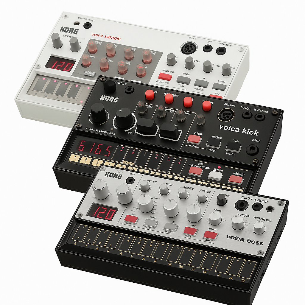 Soundium x Korg Volca bundle featuring multiple compact synthesizers and drum machines for studio music production.