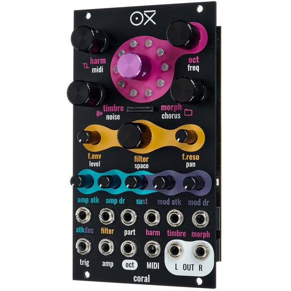 OXI Instruments Coral semi-modular synthesizer with colorful patch cables and control knobs, showcasing its versatile modular design.