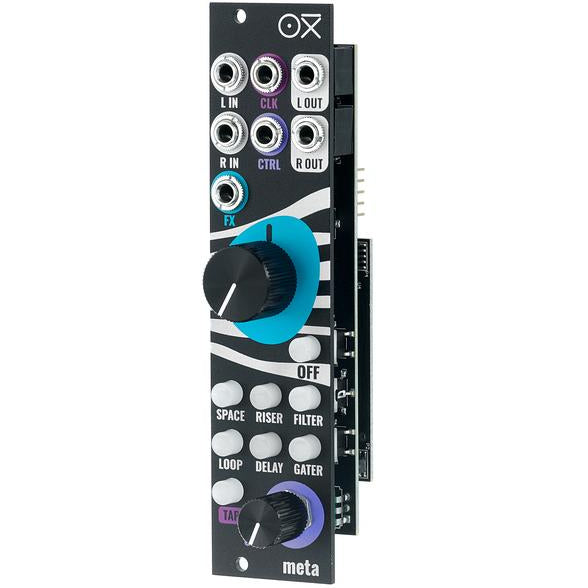 OXI Instruments Meta semi-modular synthesizer with patch cables and control knobs, showcasing its versatile electronic music interface.