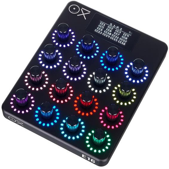 OXI Instruments E16 MIDI controller with colorful pads and knobs, designed for music production and live performance.