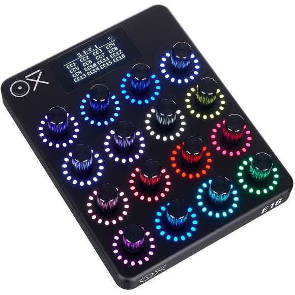 OXI Instruments E16 MIDI controller with sleek design, featuring multiple knobs and buttons for music production and live performance.
