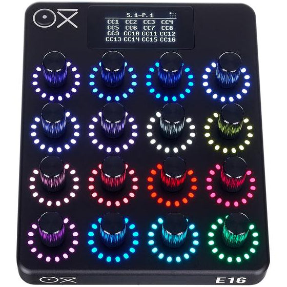 OXI Instruments E16 MIDI controller with knobs and pads, designed for music production and live performance.