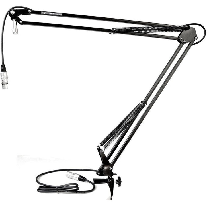 Tie Studio Flex Pro broadcast microphone stand with adjustable arm and XLR cable for professional audio setup.