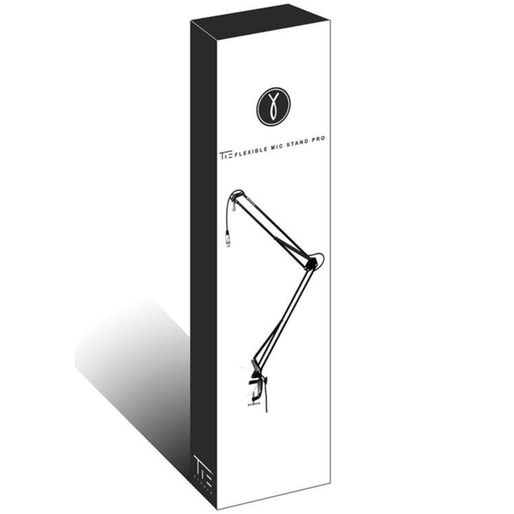 Tie Studio Flex Pro broadcast microphone arm with XLR cable, adjustable boom stand for professional recording and broadcasting setups.