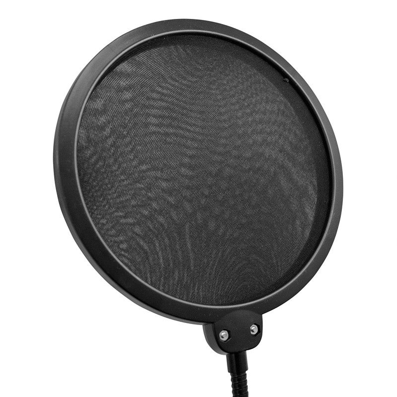 Tie Studio microphone pop filter, round mesh screen with adjustable arm for reducing vocal plosive sounds during recording.