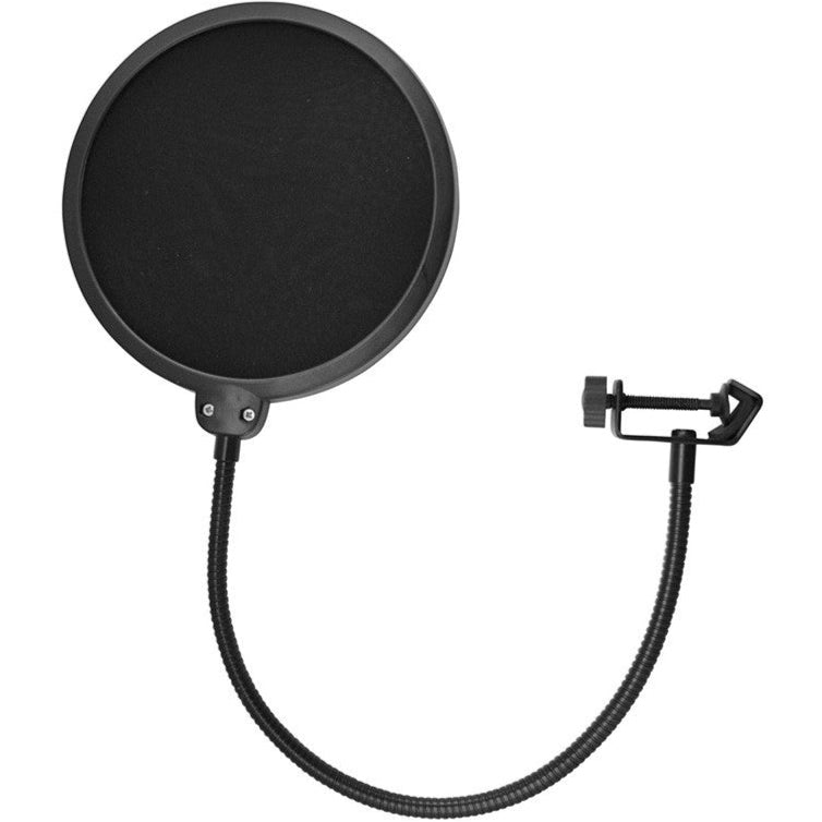 Tie Studio microphone pop filter attached to a microphone, reducing plosive sounds for clear vocal recordings.