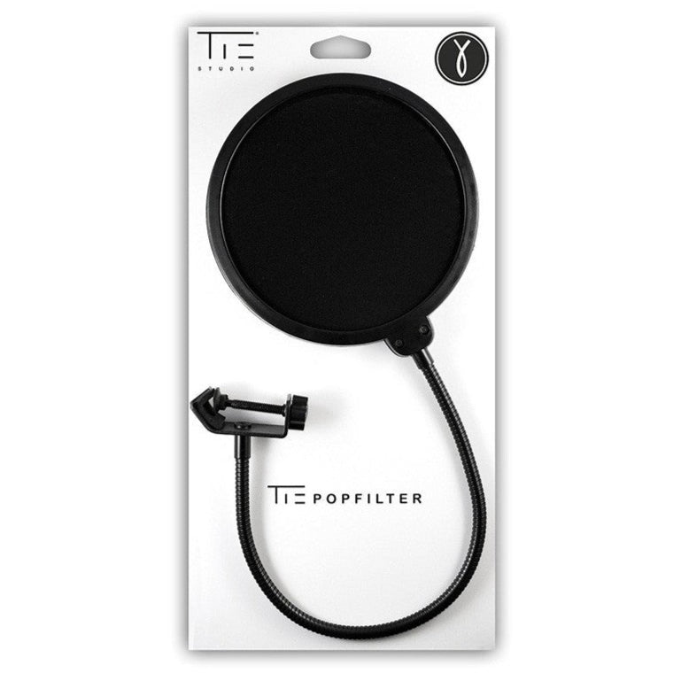 Tie Studio microphone pop filter attached to a microphone, reducing plosive sounds for clear vocal recordings.
