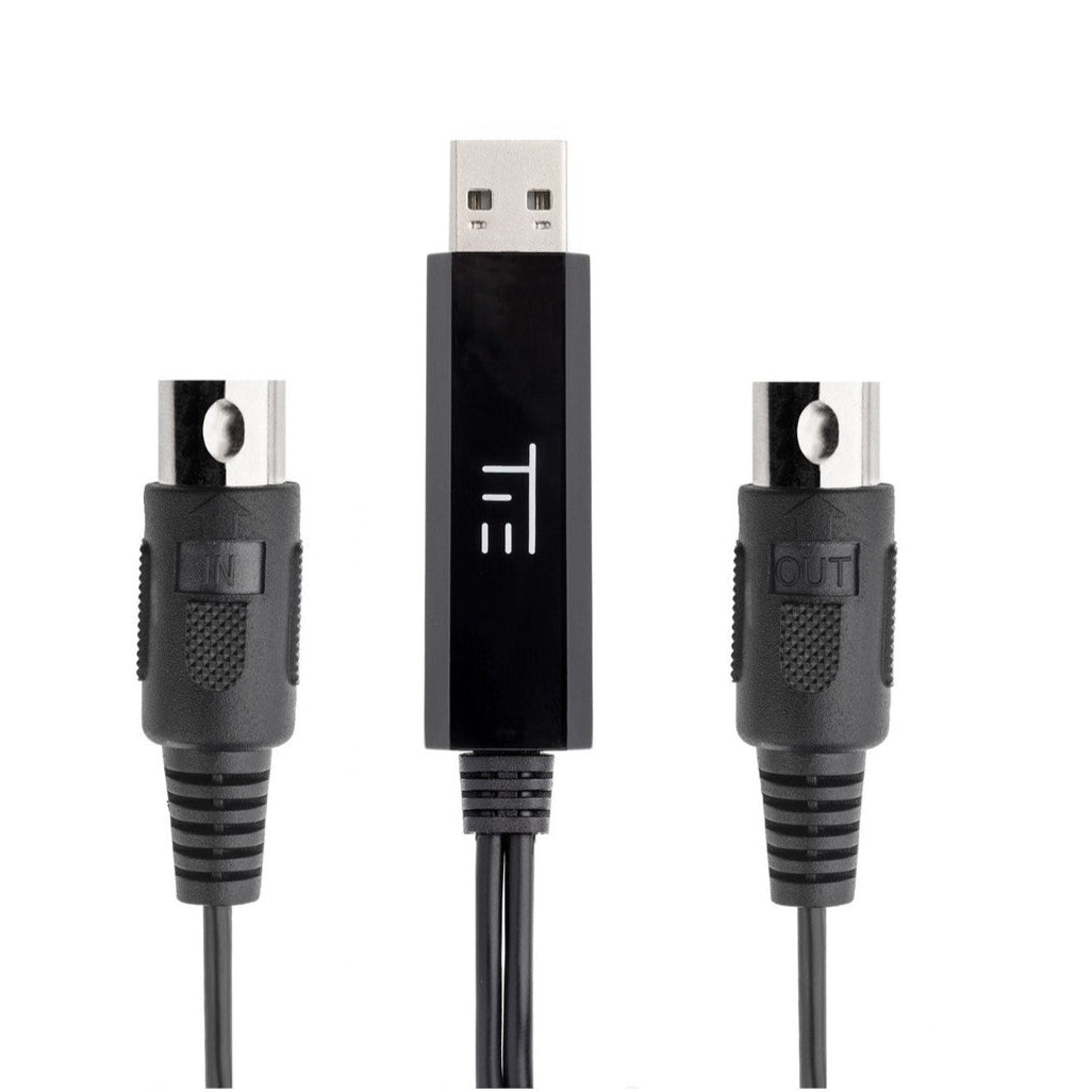 Tie Studio Midi 1i1o MIDI interface with multiple input and output ports, compact black design, and connection cables included.