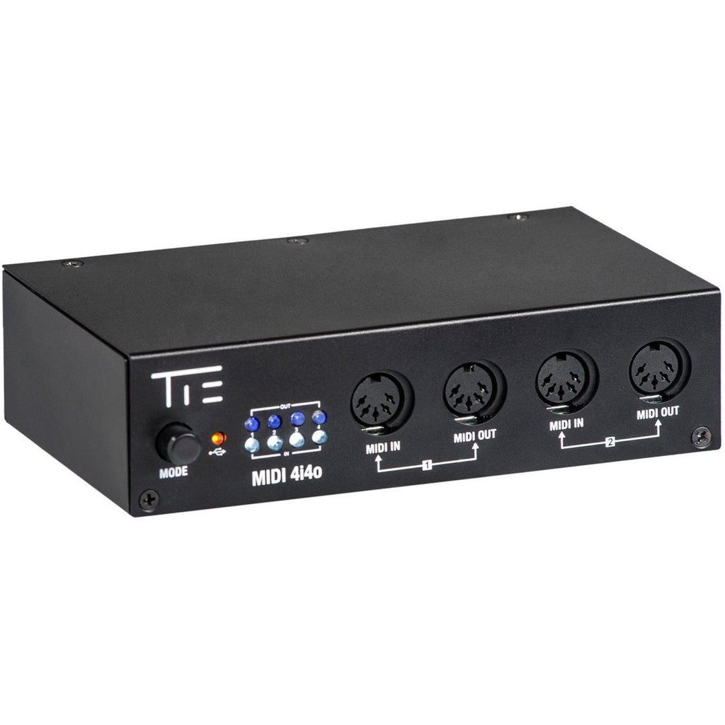 Tie Studio MIDI Interface 4i4o showing multiple MIDI input and output ports on a compact black device.