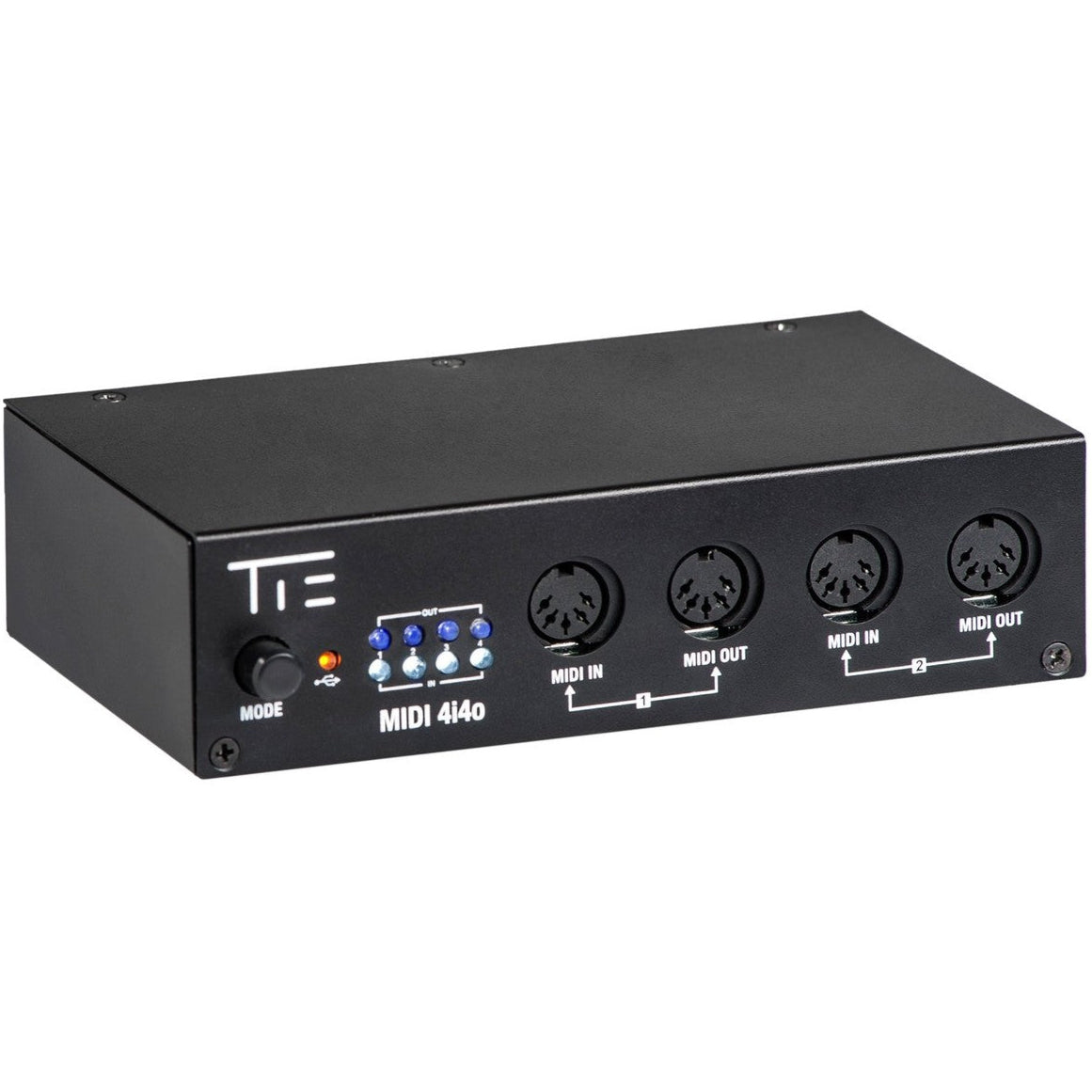 Tie Studio MIDI Interface 4i4o showing multiple MIDI input and output ports on a compact black device.