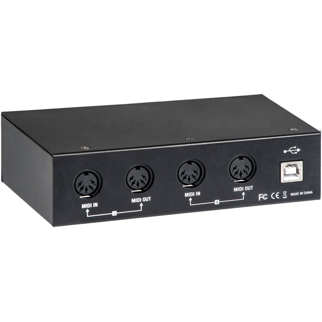 Tie Studio MIDI Interface 4i4o with multiple MIDI ports and USB connection, shown on a desk setup with cables and computer.