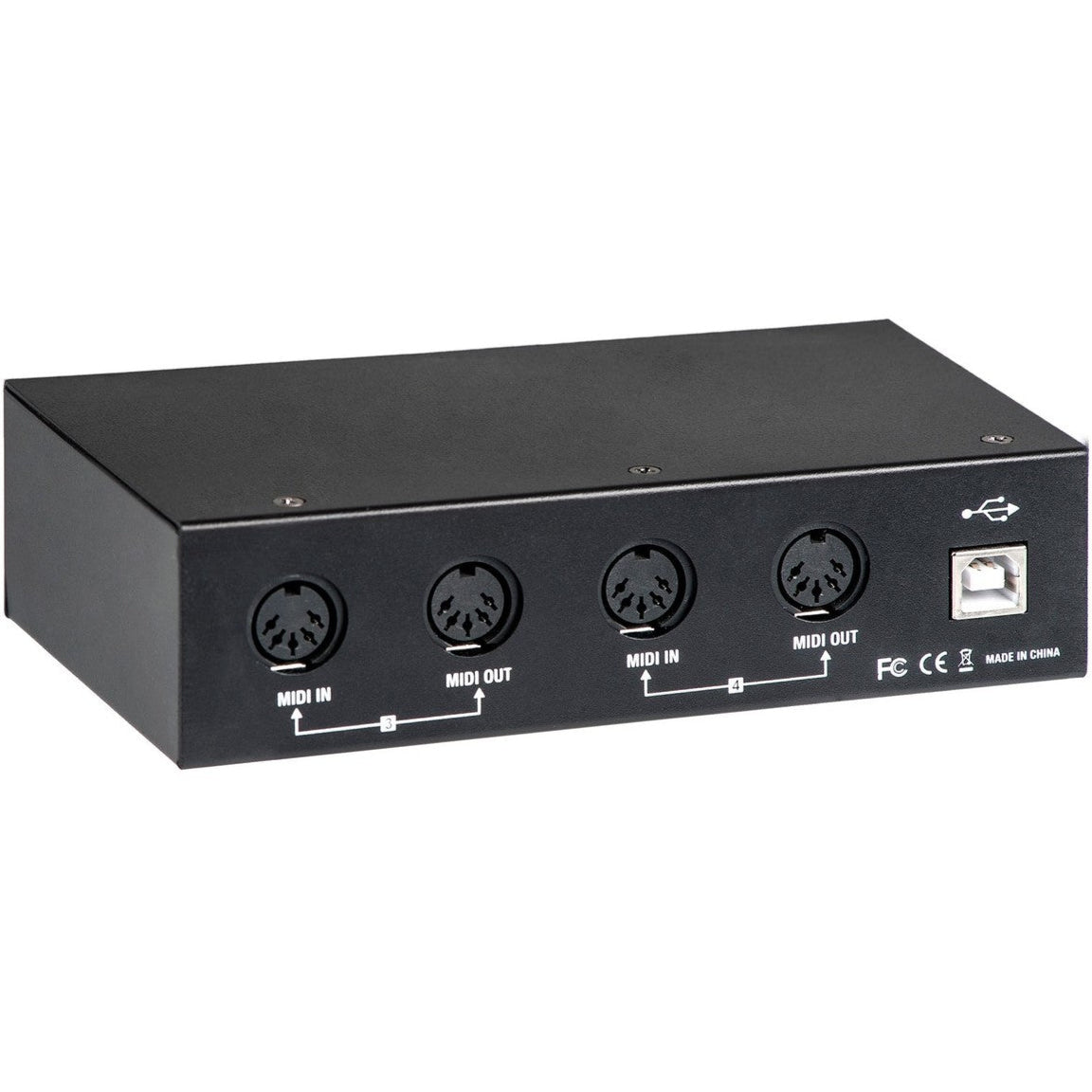 Tie Studio MIDI Interface 4i4o with multiple MIDI ports and USB connection, shown on a desk setup with cables and computer.