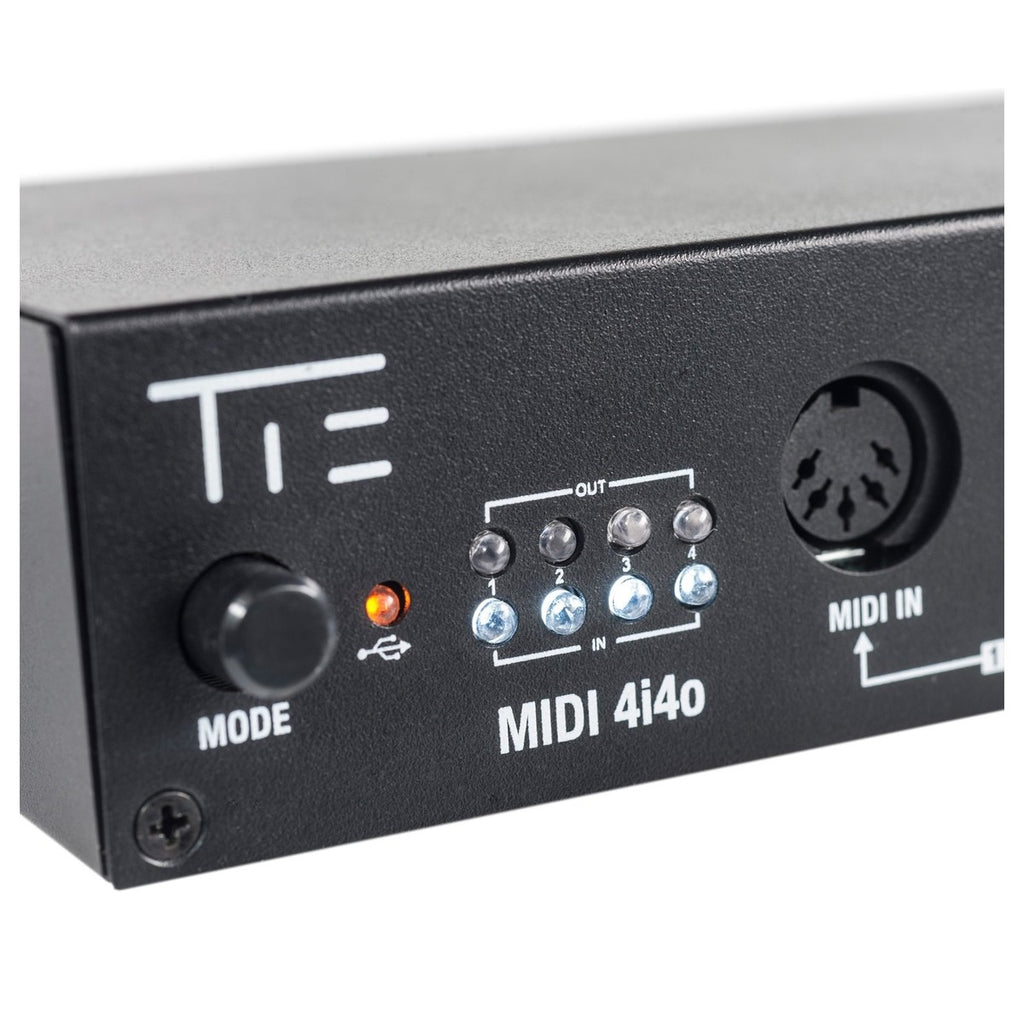 Tie Studio MIDI Interface 4i4o showing multiple input and output ports on a compact black device with LED indicators.