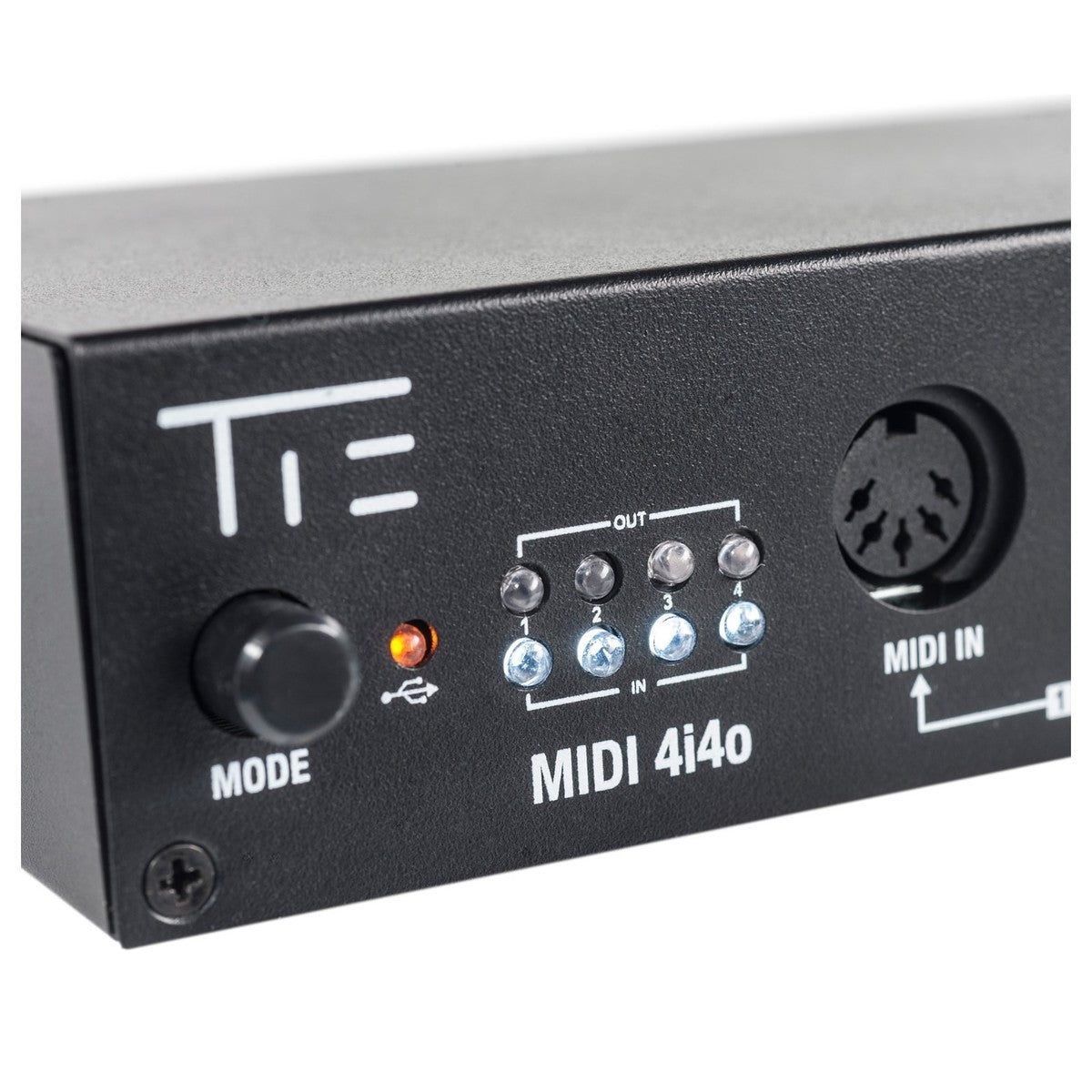 Tie Studio MIDI Interface 4i4o showing multiple input and output ports on a compact black device with LED indicators.
