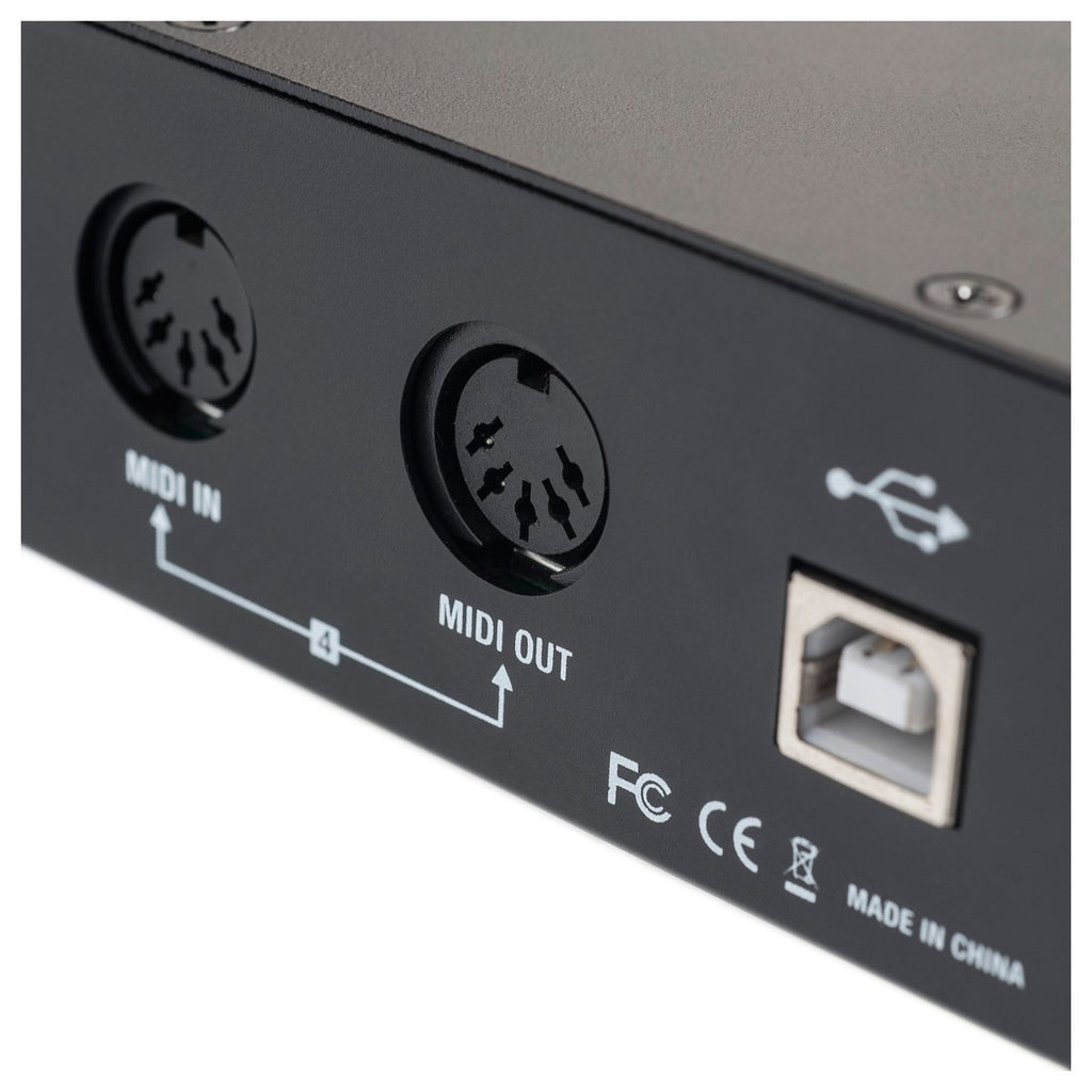 Tie Studio MIDI Interface 4i4o with four MIDI input and output ports, compact design, and professional connectivity.