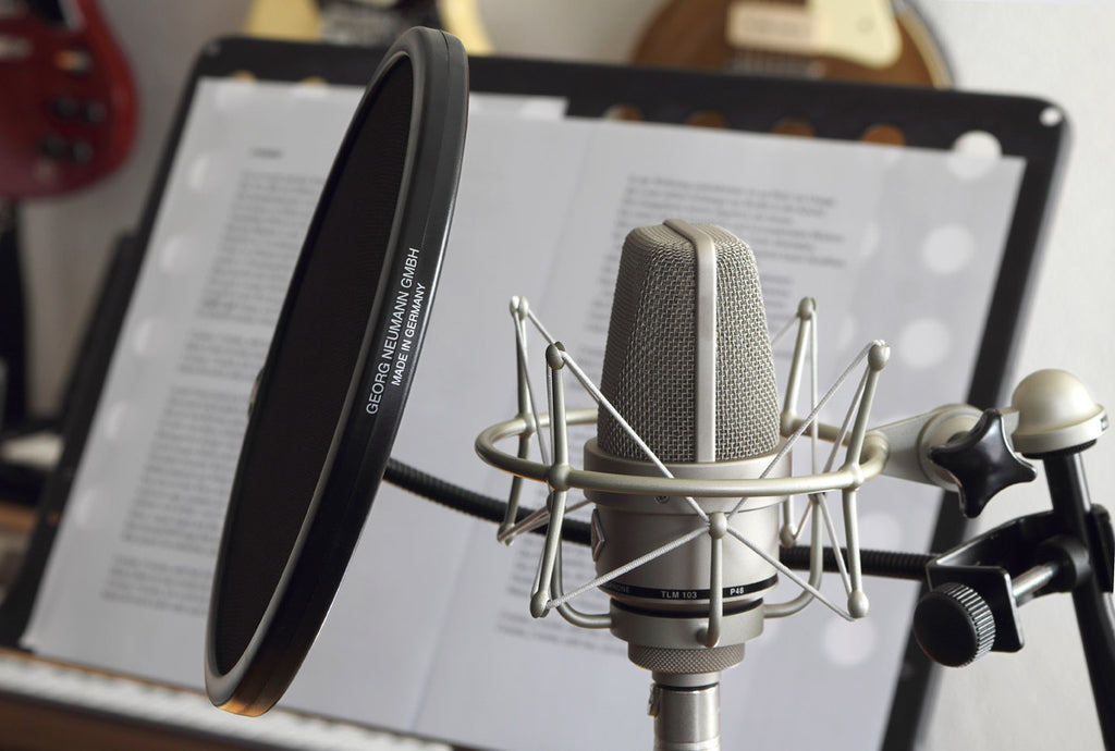 Neumann TLM 103 condenser microphone with pop filter in a studio setting.