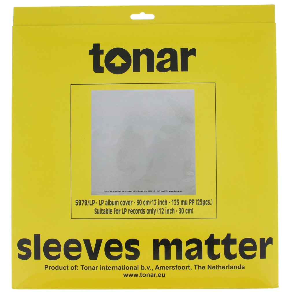 Pair of Tonar 12-inch heavy-duty outer record sleeves for LP records, shown stacked with clear protective material.